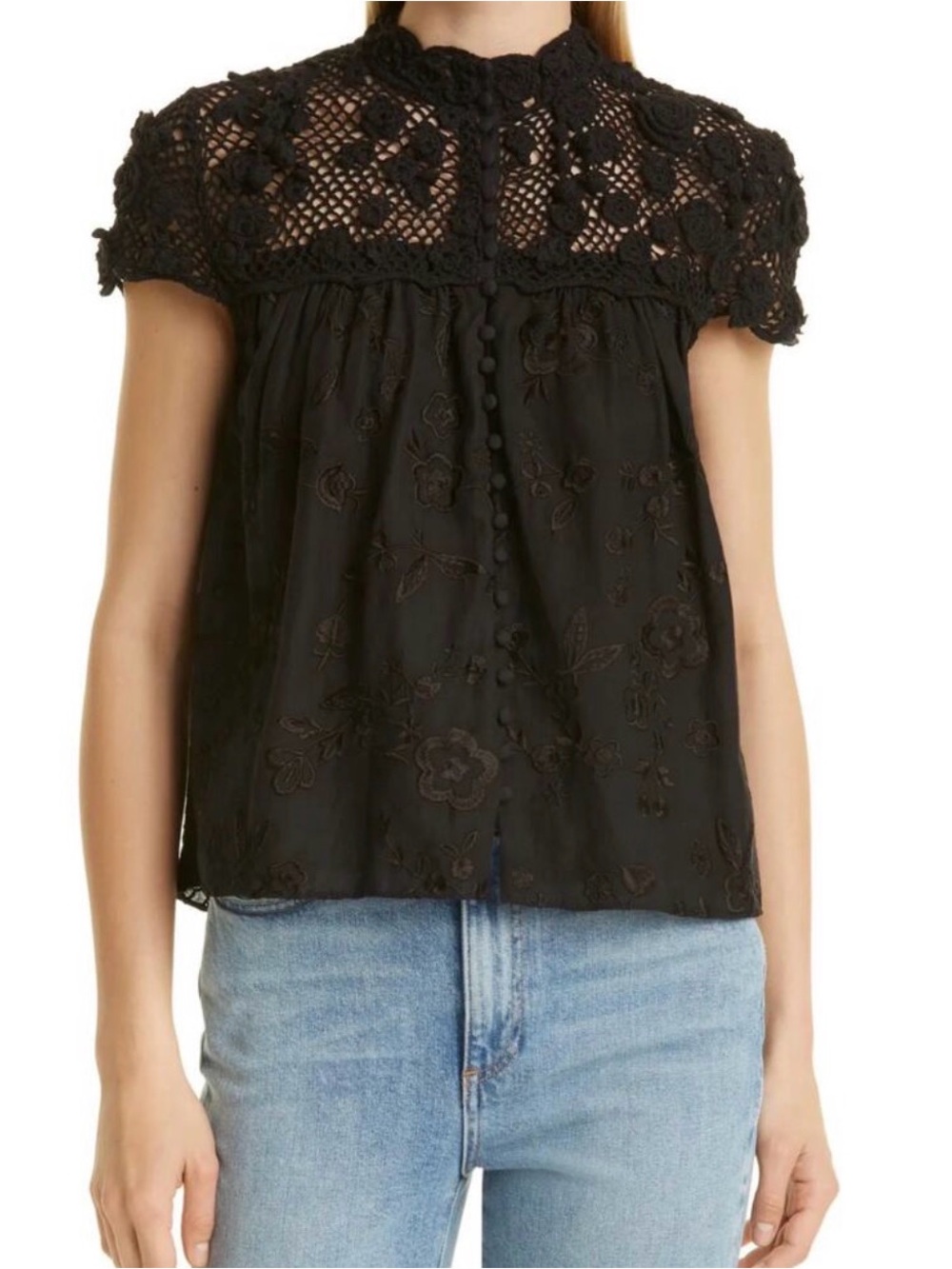 Alice + Olivia “Ilaria” Crochet Yoke Embroidered Blouse | Black | 100% Cotton